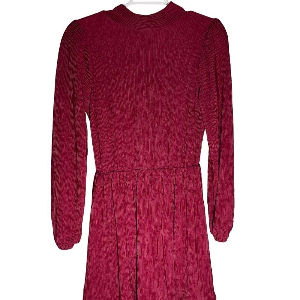 FLORET STUDIOS Plissé Tie-Neck Long Sleeve Dress Burgundy Size M - Picture 2 of 5